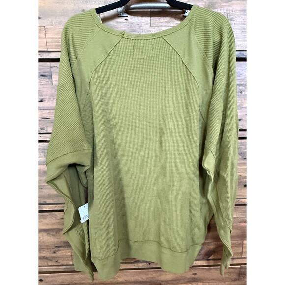 Free People Women's Large V-Neck Top Green Ferngully Waffle Pullover New - Picture 2 of 7